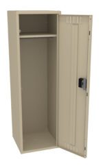 A beige metal locker with one open door revealing an empty interior. It has a single shelf near the top and a lock mechanism on the door. The locker is standing upright on a plain white background.