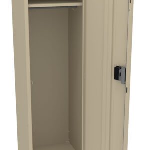 A beige metal locker with one open door revealing an empty interior. It has a single shelf near the top and a lock mechanism on the door. The locker is standing upright on a plain white background.
