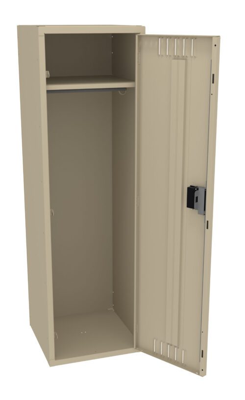 dmmsziqgfcbwsrhgilla.jpg A beige metal locker with one open door revealing an empty interior. It has a single shelf near the top and a lock mechanism on the door. The locker is standing upright on a plain white background.