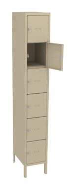 A beige metal locker with six compartments, featuring a single open door revealing an empty interior. The locker stands upright on four legs, displaying a simple and functional design.