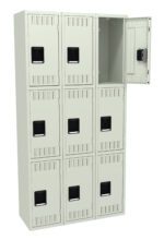A beige metal locker unit with nine compartments arranged in a 3x3 grid. The top right door is open, showing an empty interior. Each door has a black rectangular handle and ventilation slots near the bottom.