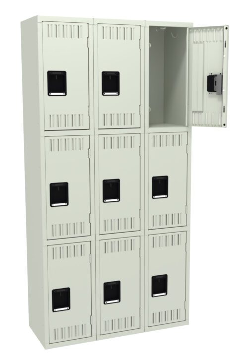 dndjjd4uevfmgjc5qsfp.jpg A beige metal locker unit with nine compartments arranged in a 3x3 grid. The top right door is open, showing an empty interior. Each door has a black rectangular handle and ventilation slots near the bottom.