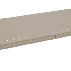 A beige, rectangular metal shelf with small holes along the edges, designed for mounting. It is shown at a slight angle, highlighting its flat surface and support brackets at each end.
