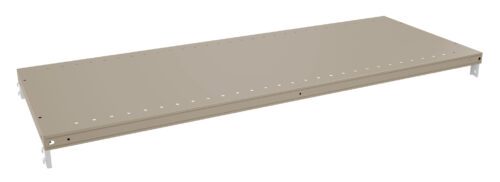 A beige, rectangular metal shelf with small holes along the edges, designed for mounting. It is shown at a slight angle, highlighting its flat surface and support brackets at each end.