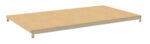 A wooden shelf with a light beige finish is mounted on a simple metal frame. The metal frame has four corner supports with holes for mounting. The shelf appears flat and rectangular, designed for storage.