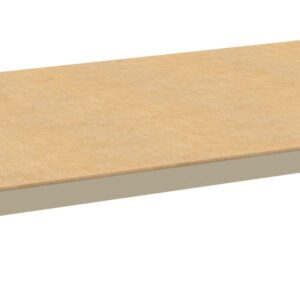 A wooden shelf with a light beige finish is mounted on a simple metal frame. The metal frame has four corner supports with holes for mounting. The shelf appears flat and rectangular, designed for storage.