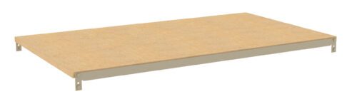 A wooden shelf with a light beige finish is mounted on a simple metal frame. The metal frame has four corner supports with holes for mounting. The shelf appears flat and rectangular, designed for storage.