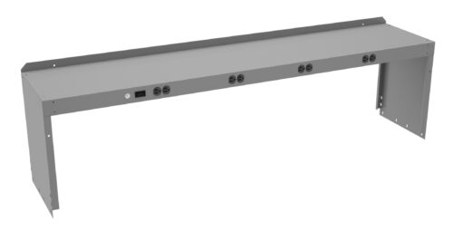 A long, gray, metal mounting bracket with multiple circular and rectangular cutouts, designed for holding and organizing cables or components. It has two side panels for secure installation.