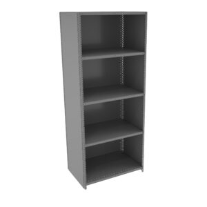 Gray metal shelving unit with four evenly spaced shelves. The structure is rectangular and stands upright. The shelves have a perforated design along the edges. The unit appears empty and is set against a plain background.