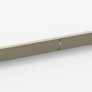 A long, thin, beige metal bar with a rectangular cross-section lies on a light-colored surface. It has small holes near the ends and in the center.