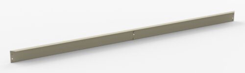 A long, thin, beige metal bar with a rectangular cross-section lies on a light-colored surface. It has small holes near the ends and in the center.