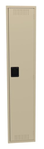 Beige metal locker with a black rectangular handle, vertical orientation. The locker has vent slits at the top and bottom, resembling a typical locker used in offices, schools, or gyms.