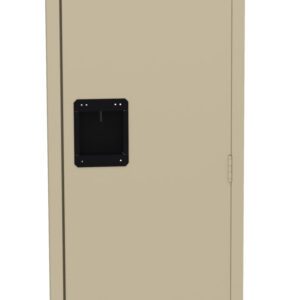 Beige metal locker with a black rectangular handle, vertical orientation. The locker has vent slits at the top and bottom, resembling a typical locker used in offices, schools, or gyms.