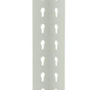 A metal angle bracket with two perforated rows of keyhole-shaped holes along its length, used for structural support or connecting surfaces.