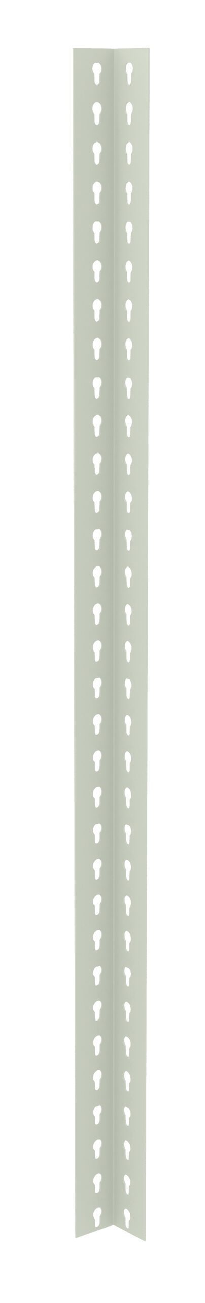 dnwmeubr8cgyokpjhp6g.jpg A metal angle bracket with two perforated rows of keyhole-shaped holes along its length, used for structural support or connecting surfaces.