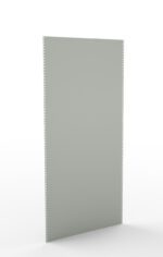 A plain, vertical sheet of light gray film material with perforated edges, standing upright against a white background.
