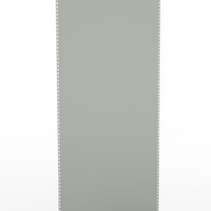 A plain, vertical sheet of light gray film material with perforated edges, standing upright against a white background.