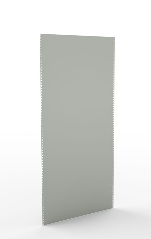 A plain, vertical sheet of light gray film material with perforated edges, standing upright against a white background.