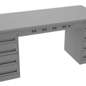 A large, gray office desk with a smooth top surface. It features two sets of drawers on each side, with four drawers per set, and multiple circular holes for cable management on the middle panel beneath the desk surface.