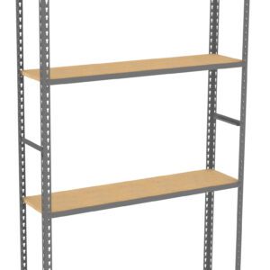 Steel-frame shelving unit with four wooden shelves. The frame is metallic gray with perforated beams for adjustable shelf positioning. The shelves are natural wood, providing a simple and functional design for storage or display.