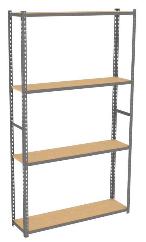 Steel-frame shelving unit with four wooden shelves. The frame is metallic gray with perforated beams for adjustable shelf positioning. The shelves are natural wood, providing a simple and functional design for storage or display.