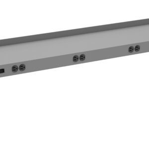 A long, rectangular metal power strip with multiple electrical outlets and mounting brackets on each end. The power strip is gray, with a switch and an LED indicator light visible on the front panel.