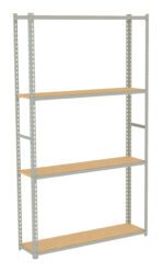 A tall metal shelving unit with four wooden shelves is displayed. The frame is light gray with perforated vertical support beams, allowing the shelves to be adjusted. The unit is freestanding and designed for storage or organization.