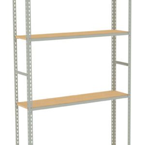 A tall metal shelving unit with four wooden shelves is displayed. The frame is light gray with perforated vertical support beams, allowing the shelves to be adjusted. The unit is freestanding and designed for storage or organization.