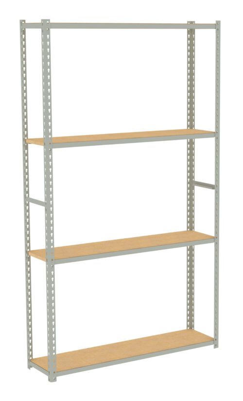 A tall metal shelving unit with four wooden shelves is displayed. The frame is light gray with perforated vertical support beams, allowing the shelves to be adjusted. The unit is freestanding and designed for storage or organization.