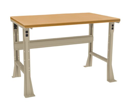 A sturdy workbench with a wooden tabletop and metal legs. The frame is a light gray color, featuring multiple bolt holes, and connected by a horizontal support beam. The design is minimal and industrial.