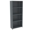 A tall, gray metal shelving unit with five open shelves. The structure is industrial in design, featuring bolt holes along the sides for adjustable shelf placement. The shelves are empty with a simple, minimalist design.