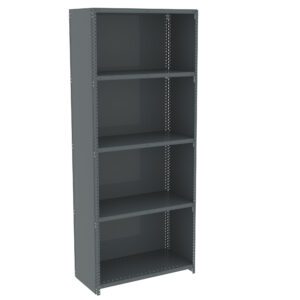 A tall, gray metal shelving unit with five open shelves. The structure is industrial in design, featuring bolt holes along the sides for adjustable shelf placement. The shelves are empty with a simple, minimalist design.