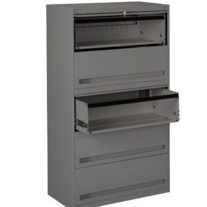 A tall, gray metal filing cabinet with five drawers. The top two drawers are open, showing empty interior compartments. The cabinet has a key lock on the top drawer.