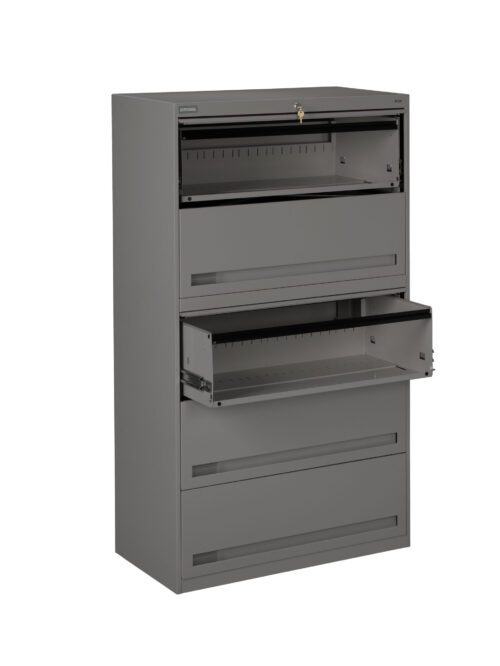A tall, gray metal filing cabinet with five drawers. The top two drawers are open, showing empty interior compartments. The cabinet has a key lock on the top drawer.