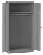 A tall, gray metal cabinet with open double doors. Inside, there is a single shelf near the top and a rail for hanging items. The cabinet is empty, and its surface is smooth and unadorned.