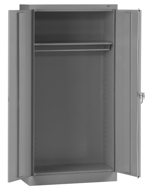 dpuzqmrlhqwtgmentas9.jpg A tall, gray metal cabinet with open double doors. Inside, there is a single shelf near the top and a rail for hanging items. The cabinet is empty, and its surface is smooth and unadorned.