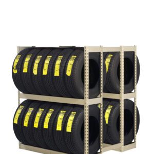 A metal rack holding rows of black tires, each with a yellow label, organized neatly in two levels. The image shows the tires from a side angle against a white background.