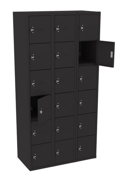 dq2zfbdwlm2v5ttbiwqm.jpg A black metal locker unit with three columns and five rows of square compartments. Some compartments have doors open, showing empty spaces inside. Each door has a handle and a keyhole.
