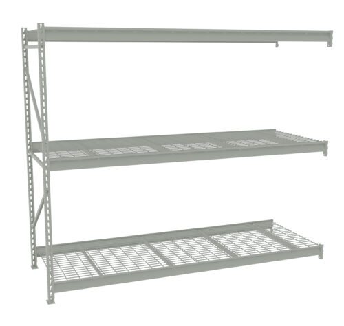 Metal shelving unit with three shelves. The top shelf is a solid metal panel, while the middle and bottom shelves have a grid design. The shelving is light gray and appears sturdy, suitable for storage in a garage or warehouse.