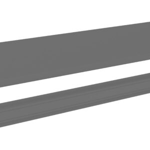 A gray rectangular metal shelf panel and its supporting bracket shown separately on a white background.