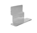 A stainless steel bracket with a flat base and a vertical section that forms a right angle. The back has a smooth, reflective surface with a small, horizontal ridge near the top. The design is simple and functional.