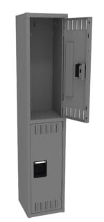 Gray metal locker with two compartments, one above the other. The upper compartment has its door open, revealing interior space, while the lower compartment has a closed door. Each door has a rectangular handle.