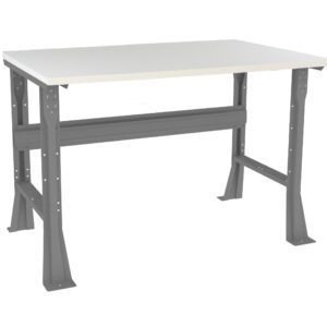 A white tabletop workbench with sturdy gray metal legs and a crossbar support. The design is functional and suitable for various tasks.