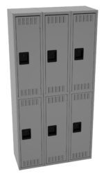 A set of six gray lockers arranged in two columns and three rows. Each locker has vents at the top and bottom and a black handle in the center. The lockers have a uniform, industrial appearance.