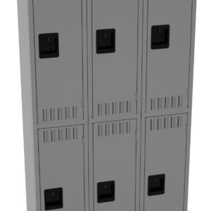 A set of six gray lockers arranged in two columns and three rows. Each locker has vents at the top and bottom and a black handle in the center. The lockers have a uniform, industrial appearance.