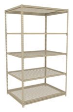 A beige metal shelving unit with four perforated shelves. The shelving frame is open and made of sturdy metal, suitable for storage in industrial or warehouse settings.