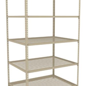 A beige metal shelving unit with four perforated shelves. The shelving frame is open and made of sturdy metal, suitable for storage in industrial or warehouse settings.
