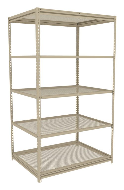 A beige metal shelving unit with four perforated shelves. The shelving frame is open and made of sturdy metal, suitable for storage in industrial or warehouse settings.
