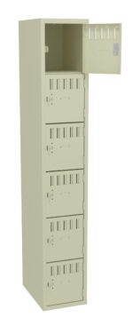 A tall beige locker with six compartments, each featuring a keyhole and ventilation slots. The top compartment door is slightly open, revealing an empty interior. The locker has a sleek, modern design.