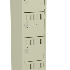 A tall beige locker with six compartments, each featuring a keyhole and ventilation slots. The top compartment door is slightly open, revealing an empty interior. The locker has a sleek, modern design.